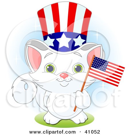 Clipart Illustration of an Adorable White Independent Kitten Wearing An Uncle Sam Hat And Holding An American Flag by Pushkin
