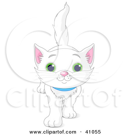 Clipart Illustration of a Cute And Curious White Kitten Walking Forward by Pushkin
