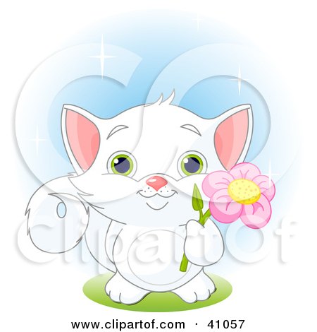 Clipart Illustration of an Adorable White Kitten With Green Eyes, Holding A Pink Flower by Pushkin