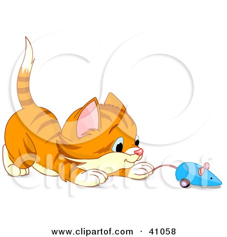 Clipart Illustration of a Playful Orange Kitten Playing With A Blue Mouse Toy by Pushkin