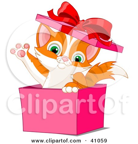 Clipart Illustration of an Adorable Orange Kitten Popping Out Of A Pink Gift Box And Waving by Pushkin