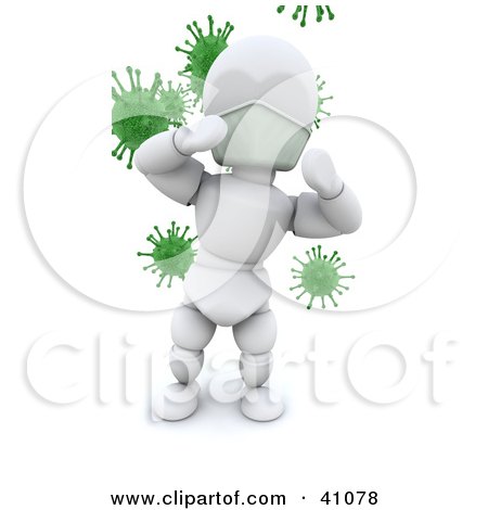 Clipart Illustration of a White Character Doctor Standing In Front Of Green Virus Bacteria by KJ Pargeter