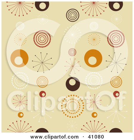 Clipart Illustration of a Seamless Background Of Retro White, Brown, Red And Orange Bursts And Circles On Beige by KJ Pargeter
