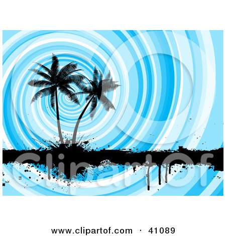 Clipart Illustration of a Swirling Blue Background Silhouetting Palm Trees And A Black Grunge Bar by KJ Pargeter