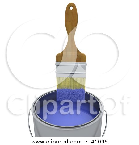 Clipart Illustration of a Wooden Handled Paintbrush Wiping Excess Blue Paint On The Rim Of A Can by KJ Pargeter