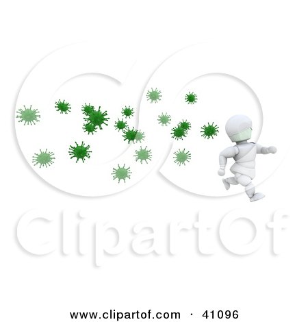 Clipart Illustration of a Healthy White Character Running Away From Green Virus Bacteria by KJ Pargeter