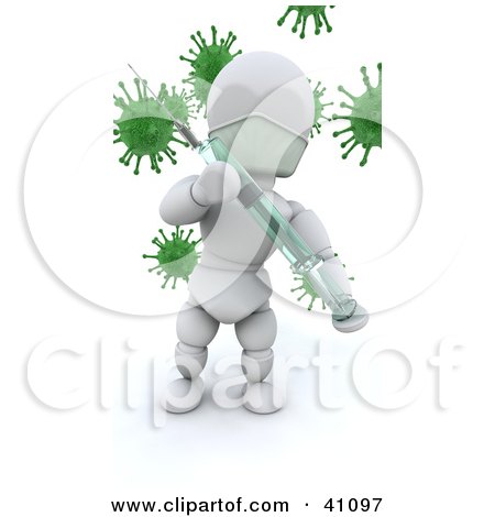 Clipart Illustration of a White Character Doctor Holding A Needle And Syringe Vaccine In Front Of Virus Bacteria by KJ Pargeter