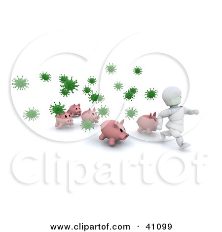 Clipart Illustration of a White Character And Pigs Running From Green Virus Bacteria by KJ Pargeter