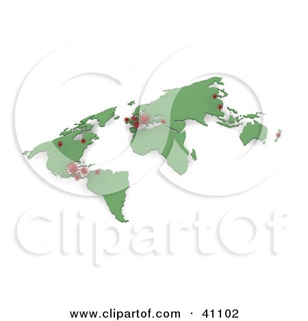 Clipart Illustration of a 3d Green World Map With Red H1N1 Virus Outbreaks by KJ Pargeter
