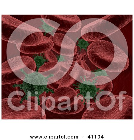 Clipart Illustration of a Background Of Red Blood Cells Being Attacked By Green Bacteria by KJ Pargeter