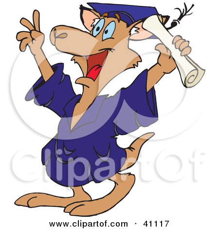Clipart Illustration of a Successful Kangaroo Graduate In A Cap And Gown, Holding Up His Diploma by Dennis Holmes Designs