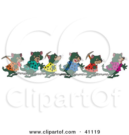 Clipart Illustration of a Chain Gang Of Tasmanian Devils Carrying Tools And Walking In Shackles by Dennis Holmes Designs