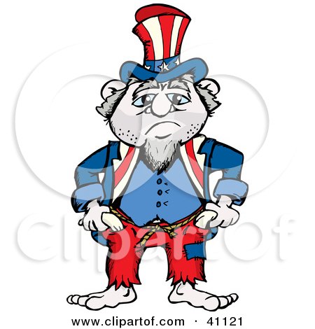 Clipart Illustration of a Sad And Gloomy Uncle Sam Wearing Baggy Pants by Dennis Holmes Designs