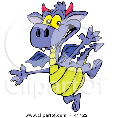 Clipart Illustration of a Happy Young Purple Dragon With Red Horns by Dennis Holmes Designs