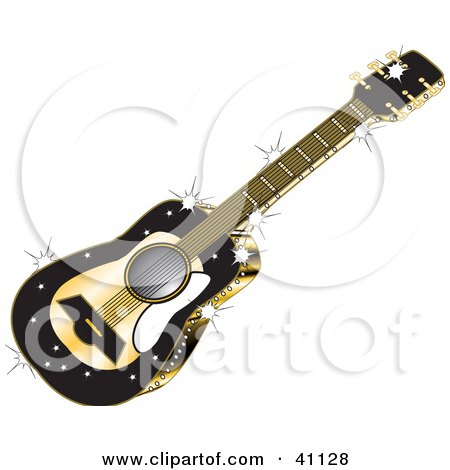 Clipart Illustration of a Shiny And Sparkly Black And Gold Guitar by Dennis Holmes Designs