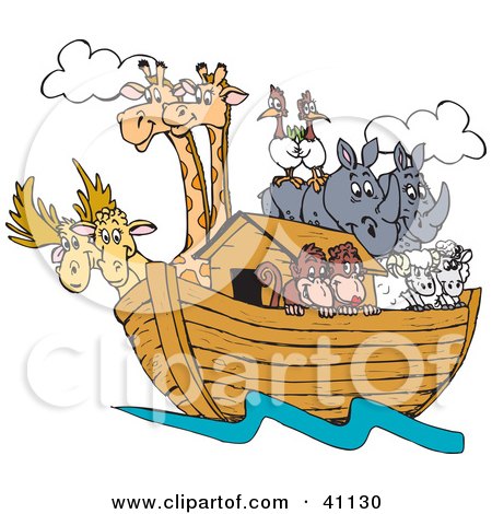 Clipart Illustration of Pairs Of Giraffes, Birds, Rhinos, Sheep And Monkeys On Noah's Ark by Dennis Holmes Designs