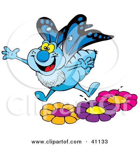 Clipart Illustration of a Happy Blue Butterfly Leaping Off Of Colorful Flowers In A Garden by Dennis Holmes Designs