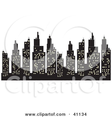 Clipart Illustration of a Silhouetted Skyscrapers Skyline With City Lights by Dennis Holmes Designs