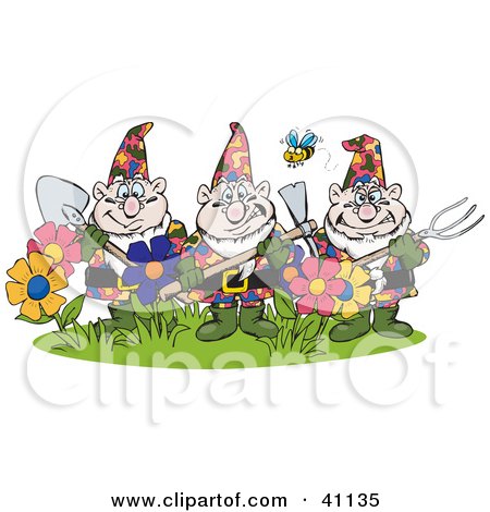 Clipart Illustration of a Bee Flying Over Three Garden Gnomes Guarding Flowers by Dennis Holmes Designs