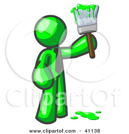 Clipart Illustration of a Lime Green Man Painter Holding A Dripping Paint Brush by Leo Blanchette