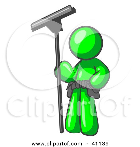 Clipart Illustration of a Lime Green Man Window Cleaner Standing With A Squeegee by Leo Blanchette