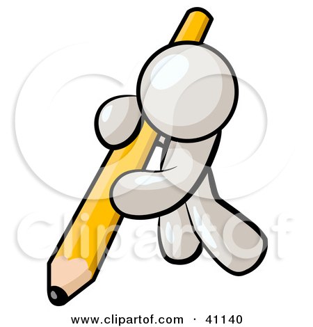 Clipart Illustration of a White Man Using All Of His Strength To Hold Up And Write With A Giant Yellow Pencil by Leo Blanchette