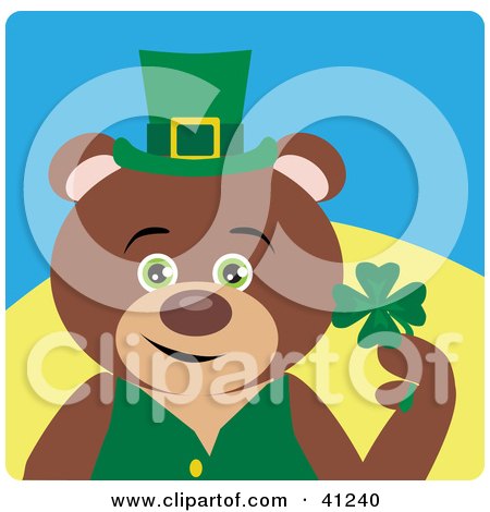 Clipart Illustration of a Teddy Bear Leprechaun Character Holding A Clover by Dennis Holmes Designs