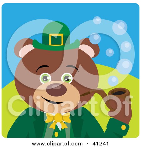 Clipart Illustration of a Teddy Bear Leprechaun Character Smoking A Pipe by Dennis Holmes Designs