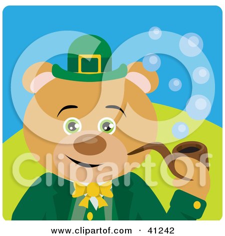 Clipart Illustration of a Brown Bear Leprechaun Character Smoking A Pipe by Dennis Holmes Designs