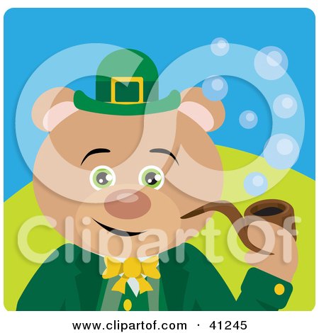 Clipart Illustration of a Leprechaun Bear Character Smoking A Pipe by Dennis Holmes Designs
