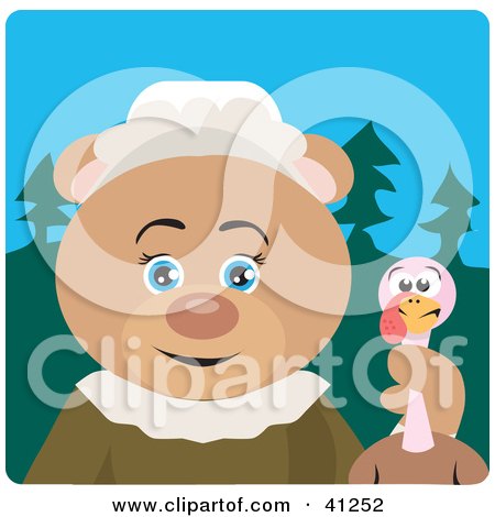 Clipart Illustration of a Bear Pilgrim Character Holding A Turkey by Dennis Holmes Designs
