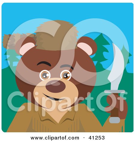 Clipart Illustration of a Brown Bear Davey Crockett Character by Dennis Holmes Designs