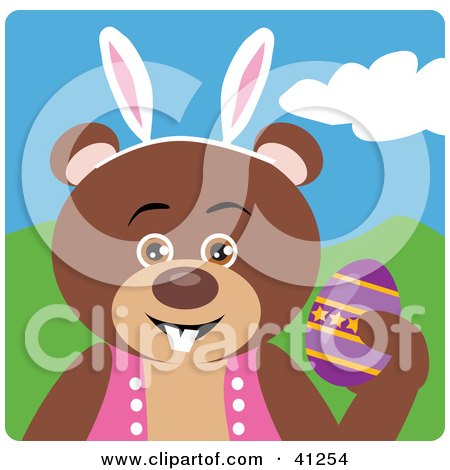 Clipart Illustration of a Brown Bear Easter Bunny Character by Dennis Holmes Designs