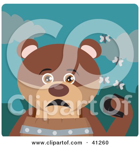 Clipart Illustration of a Brown Bear Character Holding A Wallet And Being Surrounded By A Swarm Of Moths by Dennis Holmes Designs