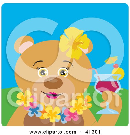 Clipart Illustration of a Female Hawaiian Tourist Teddy Bear Character Drinking A Cocktail by Dennis Holmes Designs