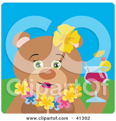 Clipart Illustration of a Female Hawaiian Tourist Bear Character Drinking A Cocktail by Dennis Holmes Designs