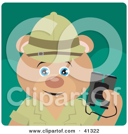 Clipart Illustration of a Teddy Bear Explorer Character Holding Binoculars by Dennis Holmes Designs