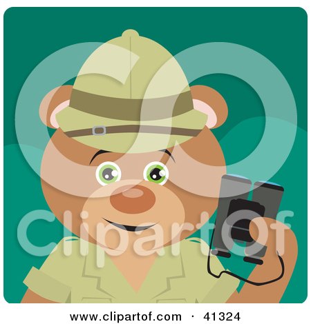 Clipart Illustration of an Explorer Teddy Bear Character Holding Binoculars by Dennis Holmes Designs