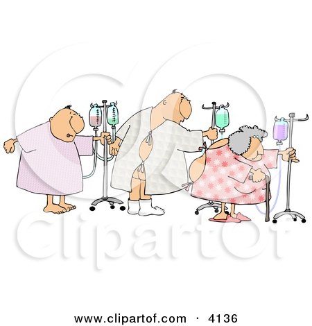 Ill Male and Female Patients Hooked up to IVs and Walking Around in a Hospital Clipart by djart