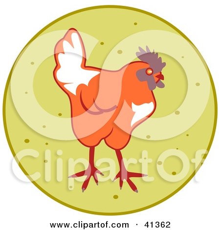 Clipart Illustration of an Orange Chicken Looking For Food On A Tan Circle by Prawny