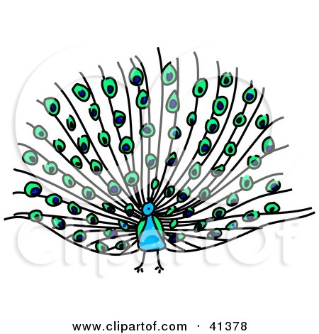 Clipart Illustration of a Blue Peacock With Its Feathers Fanned by Prawny