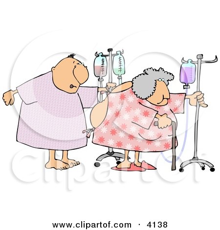 Hospitalized Elderly Couple Walking with IV Drip Lines in a Hospital Clipart by djart