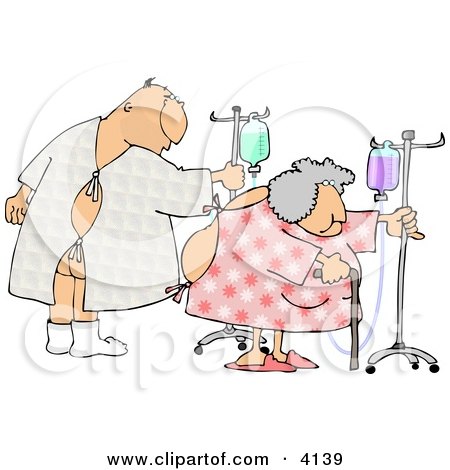 Hospitalized Man and Woman Walking with an IV Drip Clipart by djart