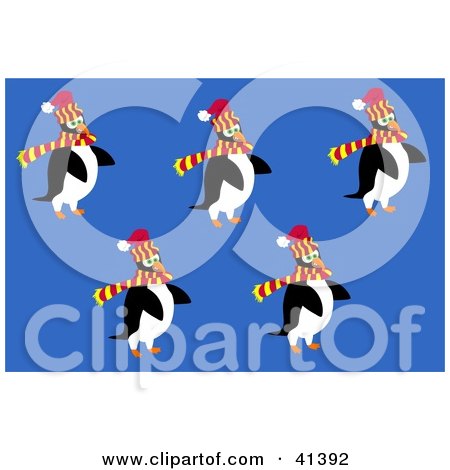 Clipart Illustration of Five Winter Penguins Wearing Hats And Scarves by Prawny