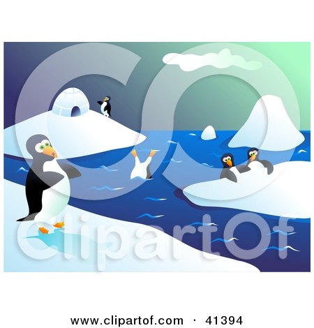 Clipart Illustration of Happy Penguins Walking On Ice And Diving In Icy Waters by Prawny