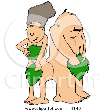 Modern Adam and Eve Covering Their Private Parts with Leaves Clipart by djart