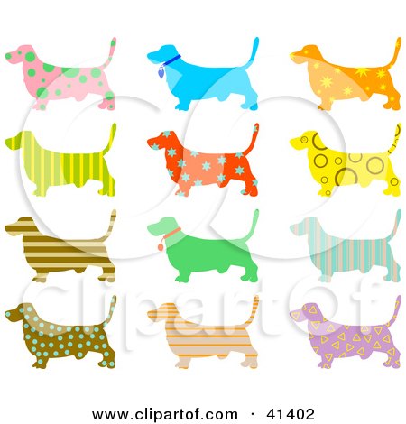 Clipart Illustration of Twelve Basset Hound Dog Profiles With Colorful Patterns by Prawny