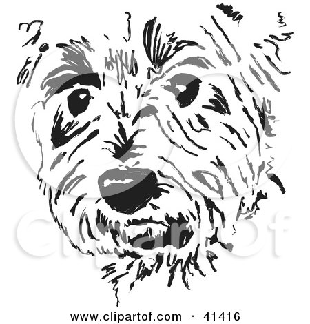 Clipart Illustration of a Black And White Sketch Of A Terrier Dog Face by Prawny