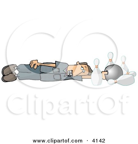 Male Bowler Sliding with His Bowling Ball, Down the Lane, and Into the Pins Clipart by djart