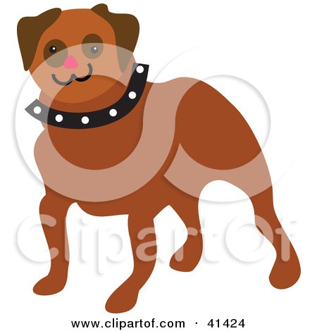 Clipart Illustration of a Friendly Brown Pug Dog With A Red Nose And Spiked Collar by Prawny